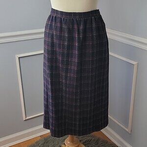 ALFRED DUNNER Navy Blue Plaid Wool Midi 80s Professional Retro‎ Office Skirt 12